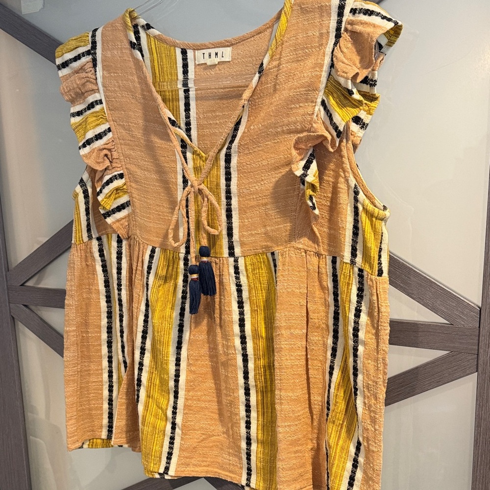 THML Mustard Stripe Ruffle Sleeve Peasant Top - Picture 4 of 7